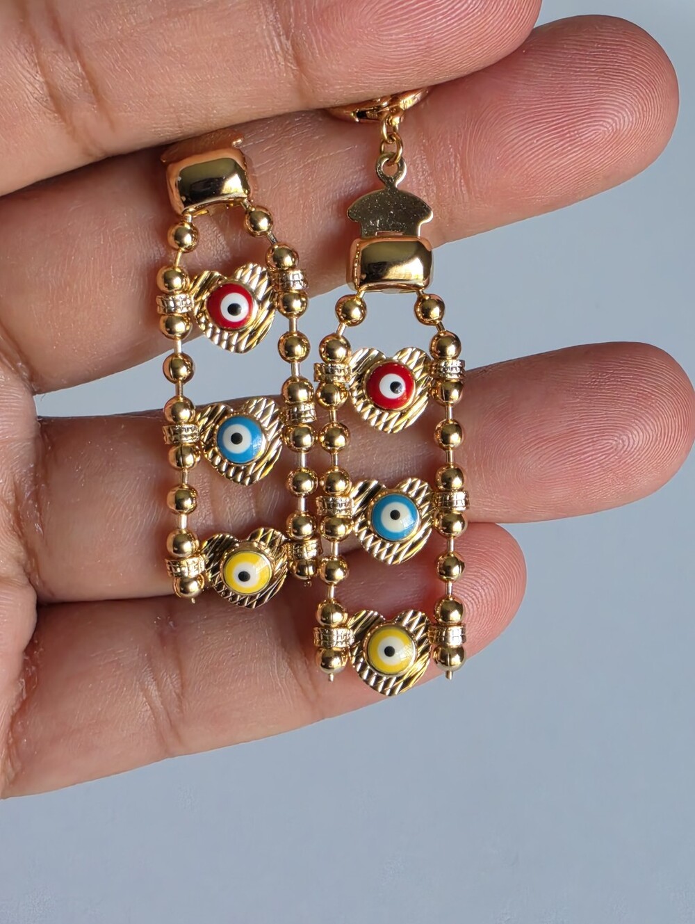 Rose Gold Plated Evil Eye Chandelier Earrings Huggie Hoop Dangle 1 1/2"